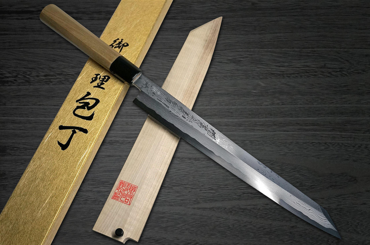 Yoshihiro Aogami No.1 Damascus Suminagashi B1SN Japanese Chefs Kiritsuke-YanagibaSashimi 270mm with Saya Sheath and Magnolia Wood Handle