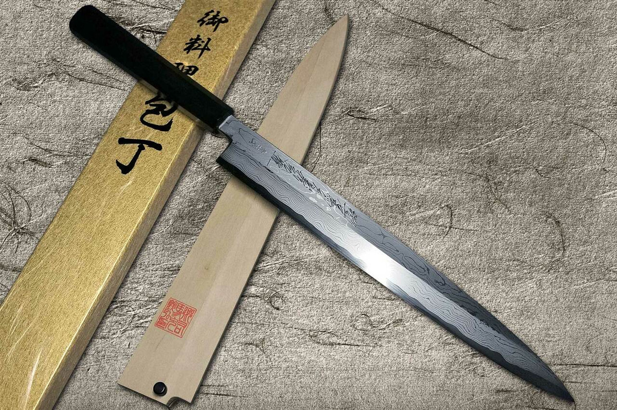 Yoshihiro Aogami No.1 Damascus Suminagashi B1SN-E Japanese Chefs YanagibaSashimi 300mm with Saya Sheath and Ebony Handle