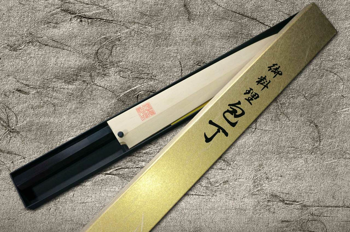 Yoshihiro Aogami No.1 Damascus Suminagashi B1SN-E Japanese Chefs YanagibaSashimi 300mm with Saya Sheath and Ebony Handle