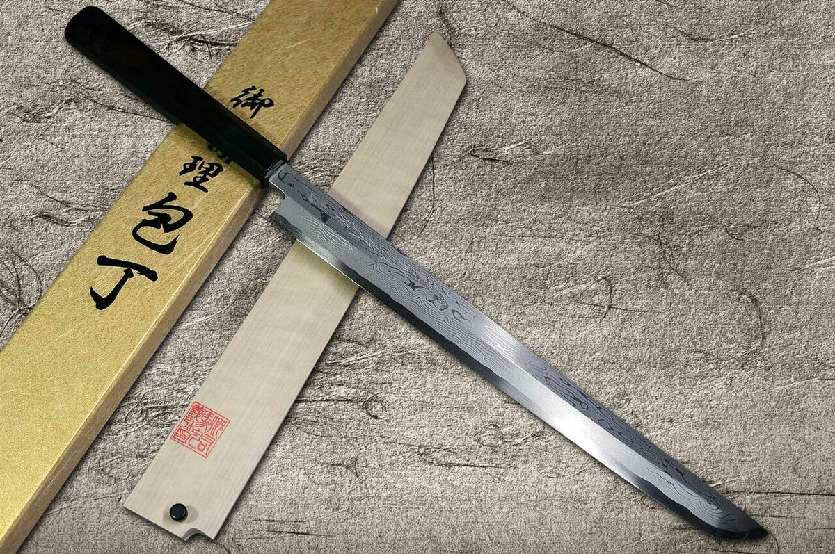 Yoshihiro Aogami No.1 Damascus Suminagashi B1SN-E Japanese Chefs Sakimaru-TakohikiSashimi 300mm with Saya Sheath and Ebony Handle