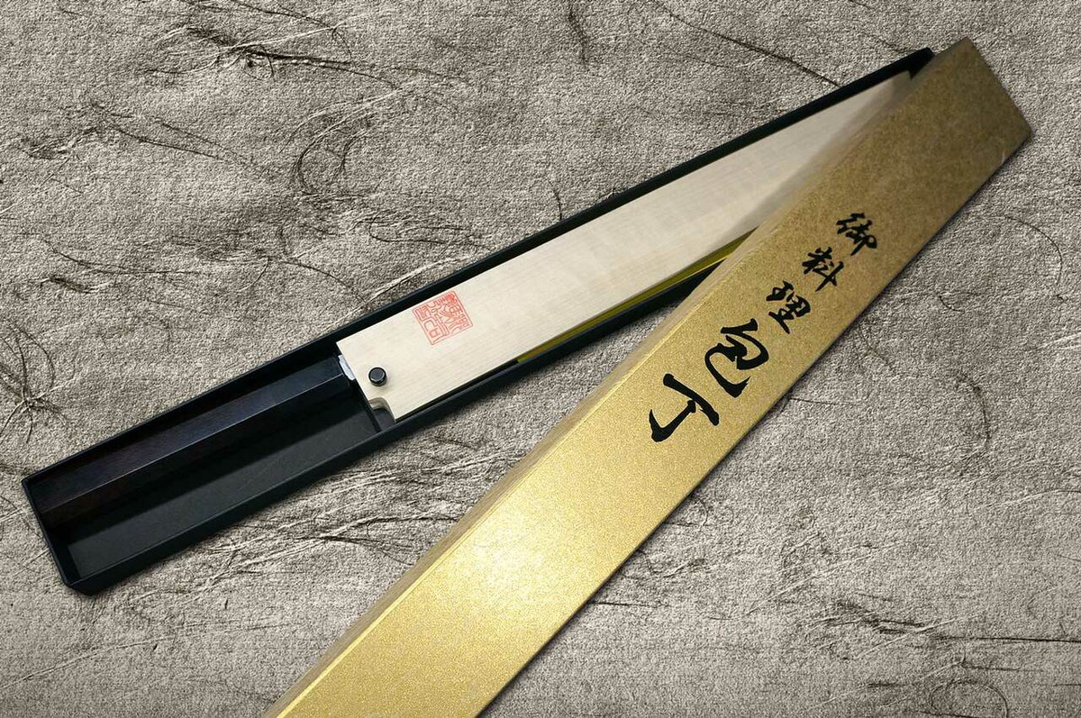 Yoshihiro Aogami No.1 Damascus Suminagashi B1SN-E Japanese Chefs Sakimaru-TakohikiSashimi 330mm with Saya Sheath and Ebony Handle