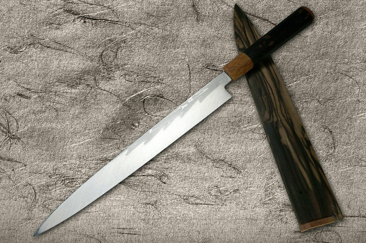 Yoshihiro Senbon Kurogaki Edition Aogami No.1 Damascus Suminagashi YanagibaSashimi 300mm with Special Black Persimmon Handle and Saya in Paulownia Box