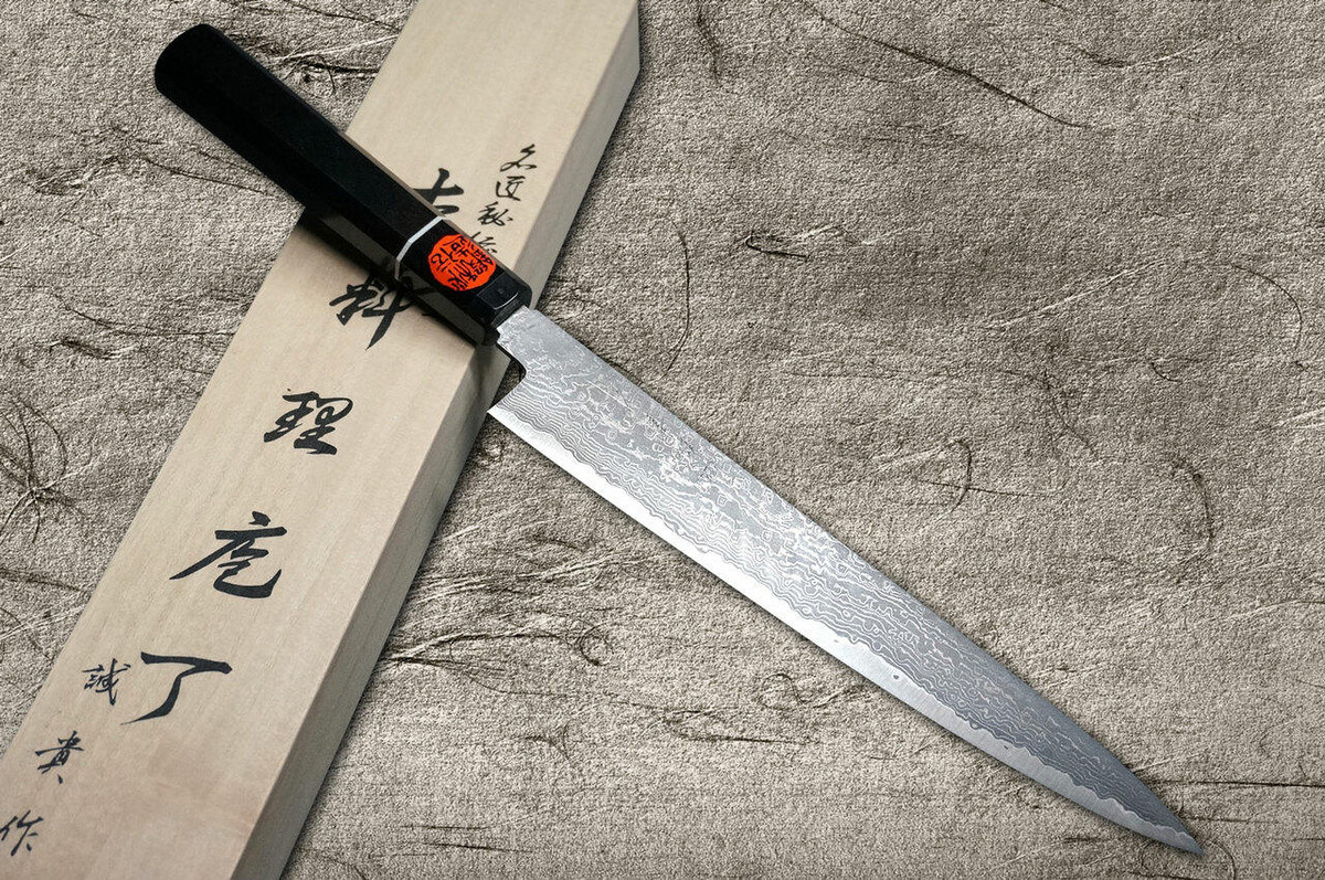 Shigeki Tanaka 33-Layer R2SG2 Damascus Habakiri Japanese Chefs SlicerSujihiki 240mm with Ebony Handle