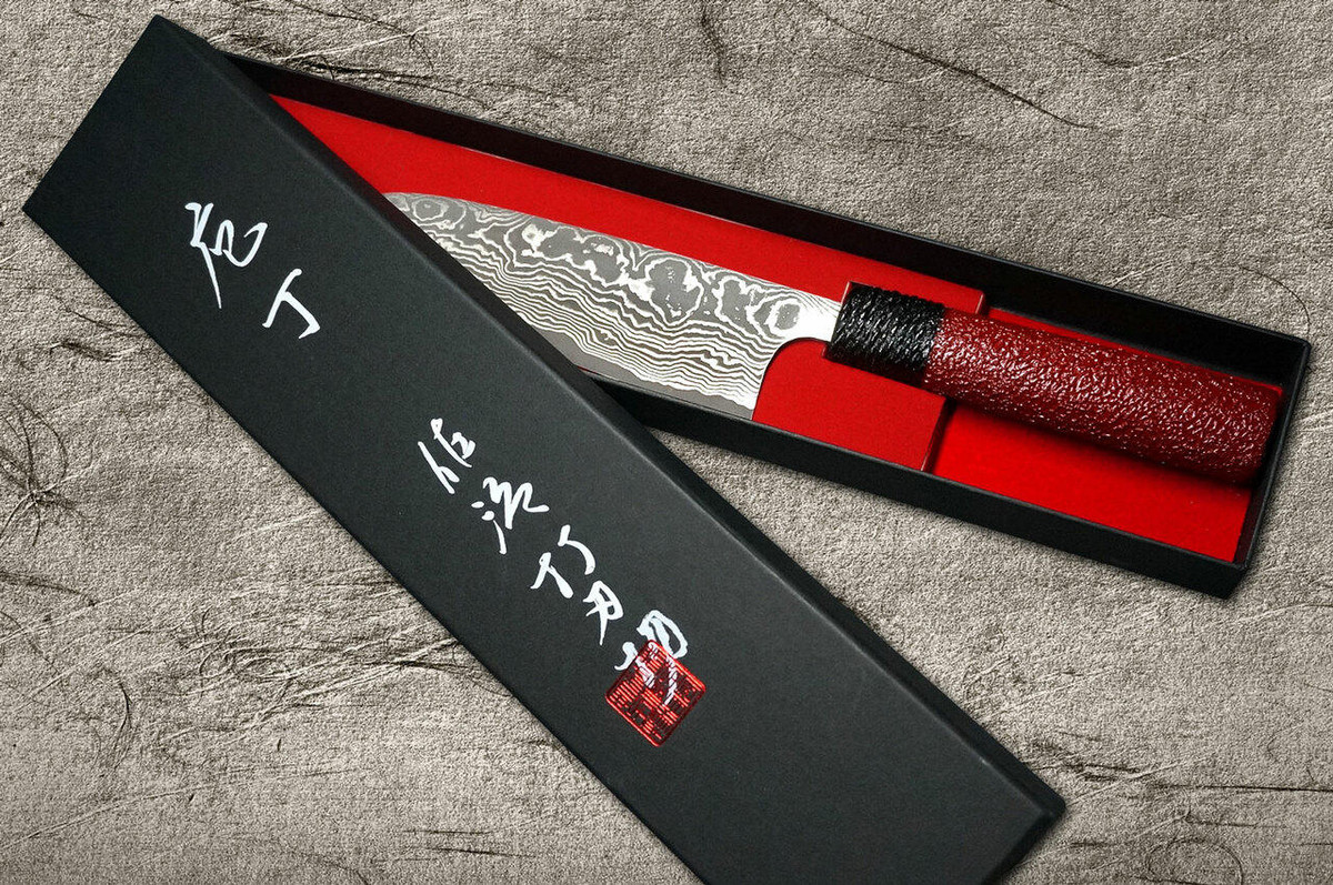 Takeshi Saji VG10 Black Damascus LL Japanese Chefs Santoku Knife 165mm with Black-Red Japanese Urushi Lacquered Handle