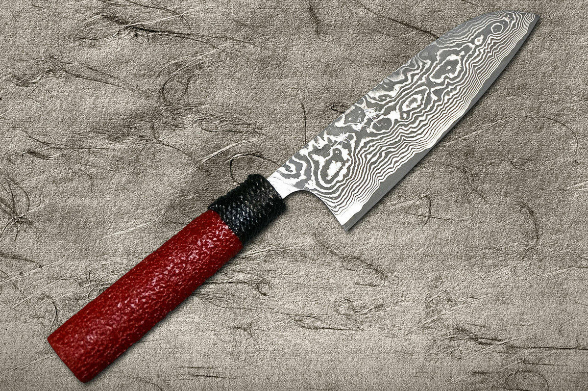Takeshi Saji VG10 Black Damascus LL Japanese Chefs Santoku Knife 165mm with Black-Red Japanese Urushi Lacquered Handle