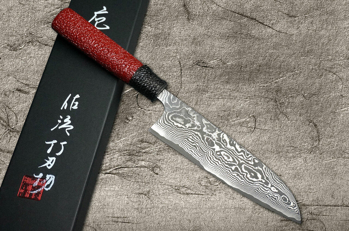 Takeshi Saji VG10 Black Damascus LL Japanese Chefs Santoku Knife 165mm with Black-Red Japanese Urushi Lacquered Handle