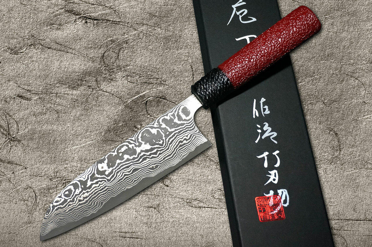 Takeshi Saji VG10 Black Damascus LL Japanese Chefs Santoku Knife 165mm with Black-Red Japanese Urushi Lacquered Handle