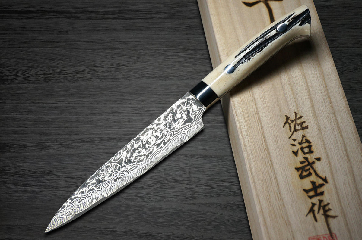 Takeshi Saji R2SG2 Black Damascus DHW Japanese Chefs Petty KnifeUtility 130mm with White Antler Handle