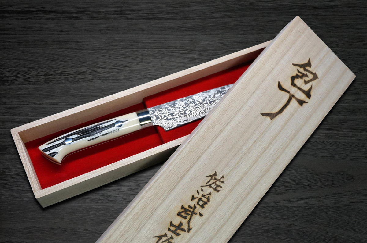 Takeshi Saji R2SG2 Black Damascus DHW Japanese Chefs Petty KnifeUtility 130mm with White Antler Handle