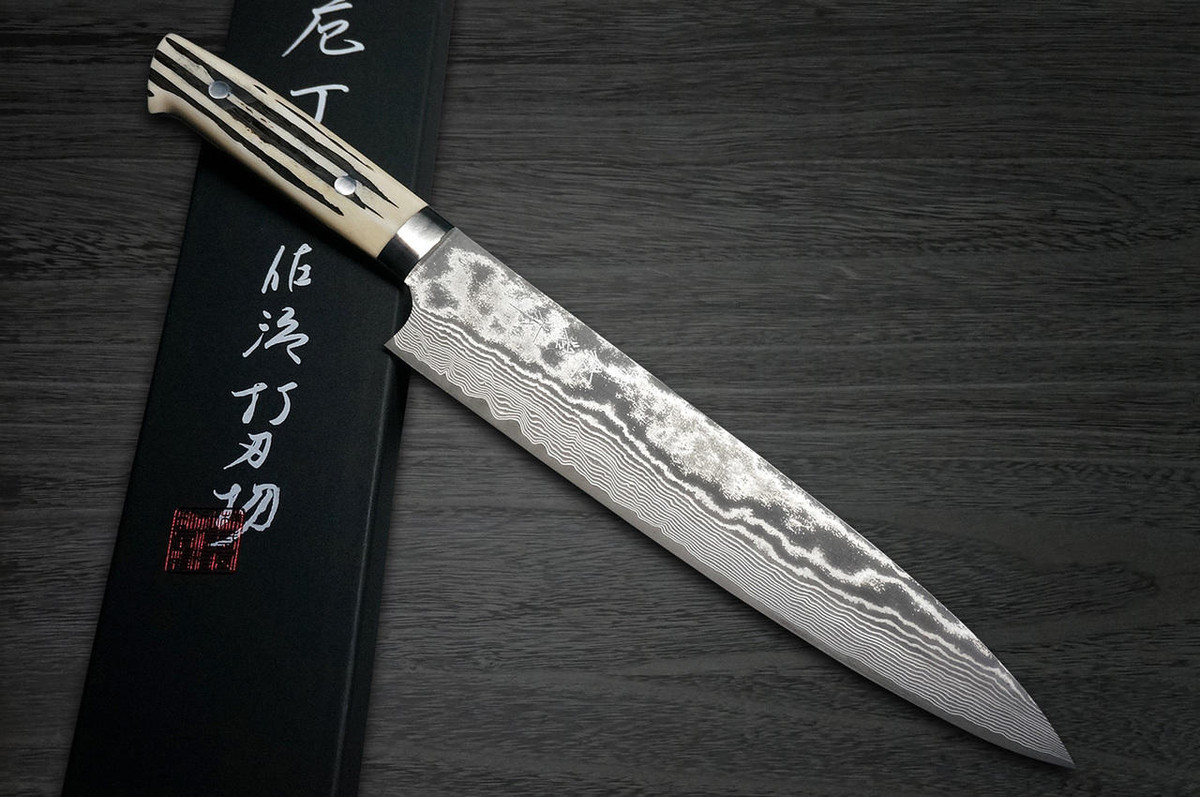 Takeshi Saji VG10 Black Damascus DHW Japanese Chefs Gyuto Knife 240mm with White Antler Handle