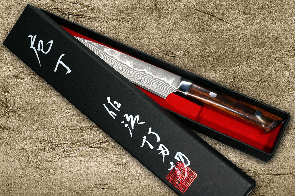 Takeshi Saji VG10 Black Damascus IR Japanese Chefs Petty KnifeUtility 130mm with Desert Ironwood Handle