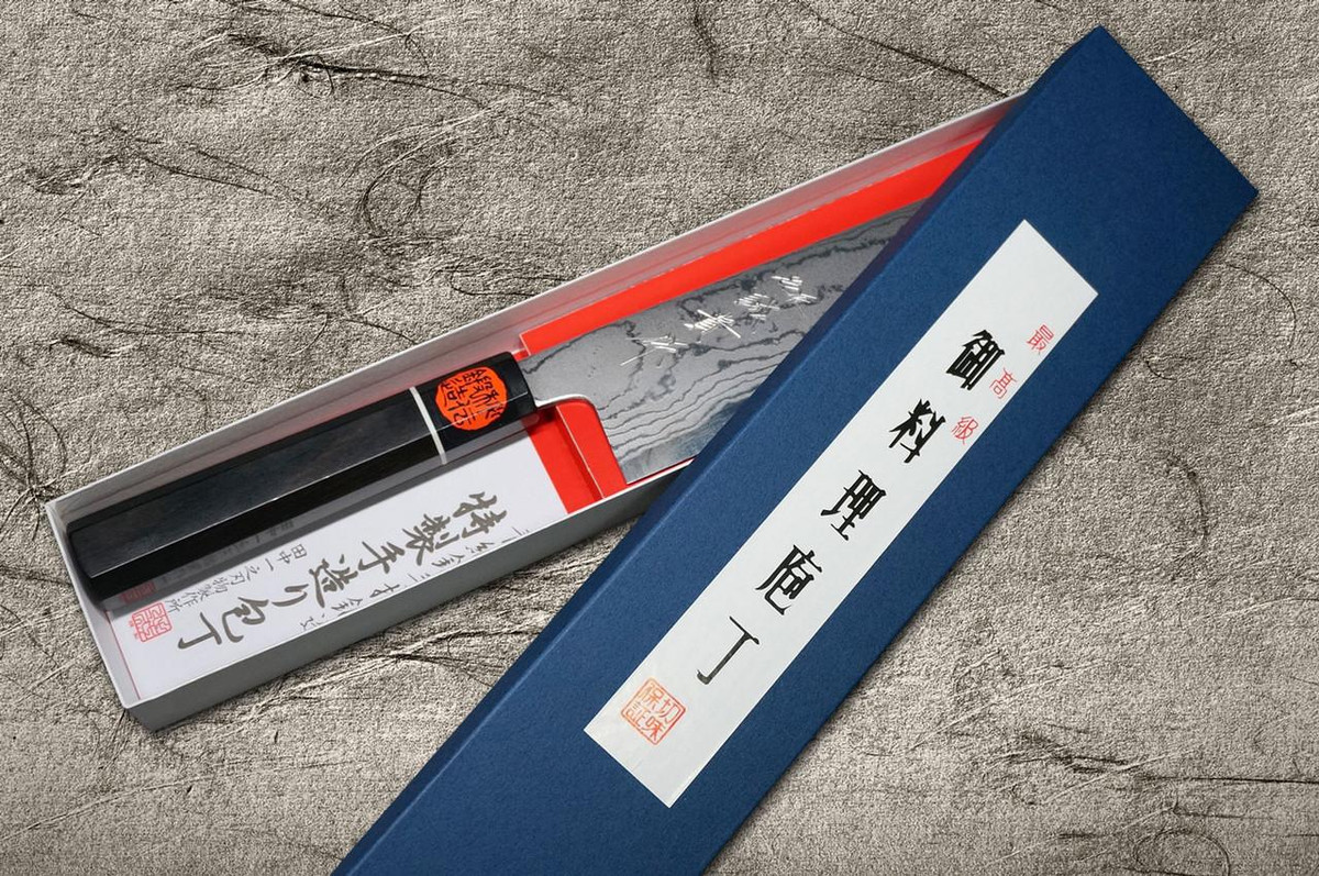 Couteau à légumes japonais EB Damas Aogami No.2 de Shigeki Tanaka 165mm avec manche en ébène