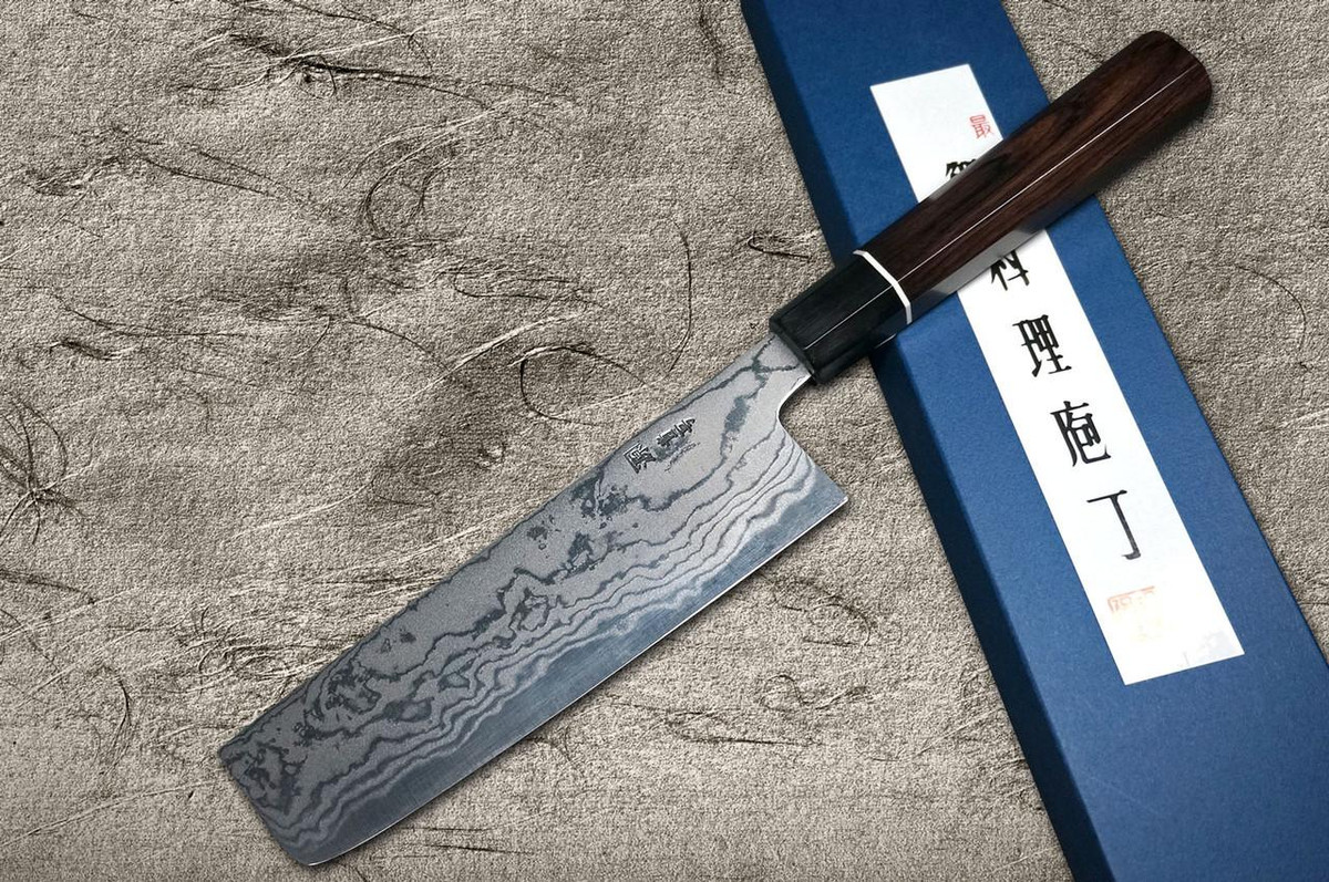 Couteau à légumes japonais EB Damas Aogami No.2 de Shigeki Tanaka 165mm avec manche en ébène