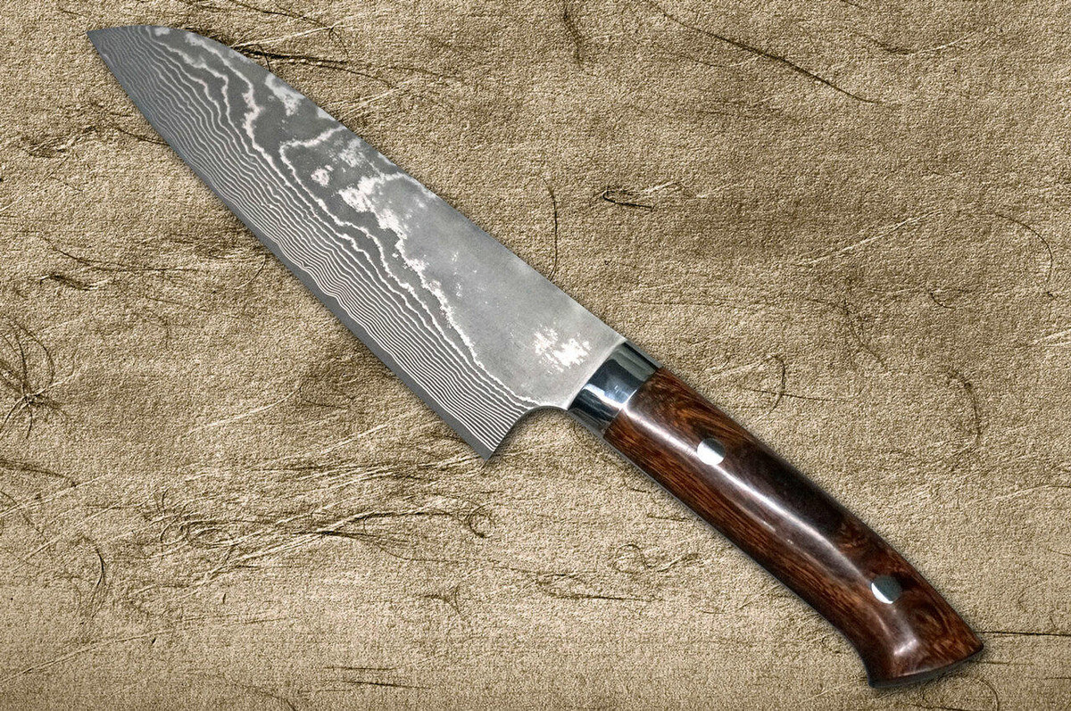 Takeshi Saji VG10 Black Damascus IR Japanese Chefs Santoku Knife 180mm with Desert Ironwood Handle