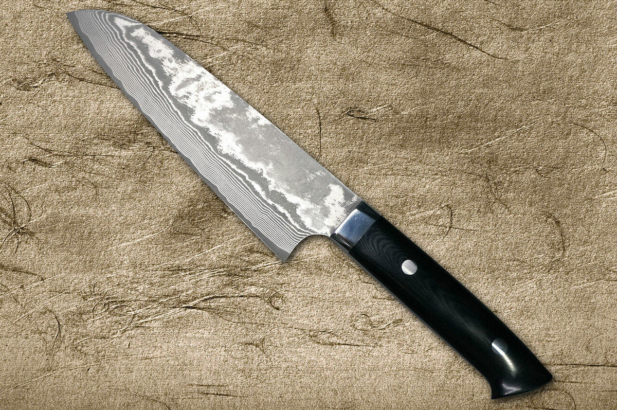 Takeshi Saji VG10 Black Damascus MCB Japanese Chefs Santoku Knife 180mm with Black Micarta Handle