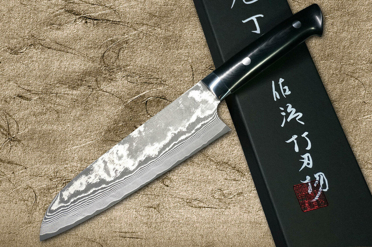 Takeshi Saji VG10 Black Damascus MCB Japanese Chefs Santoku Knife 180mm with Black Micarta Handle