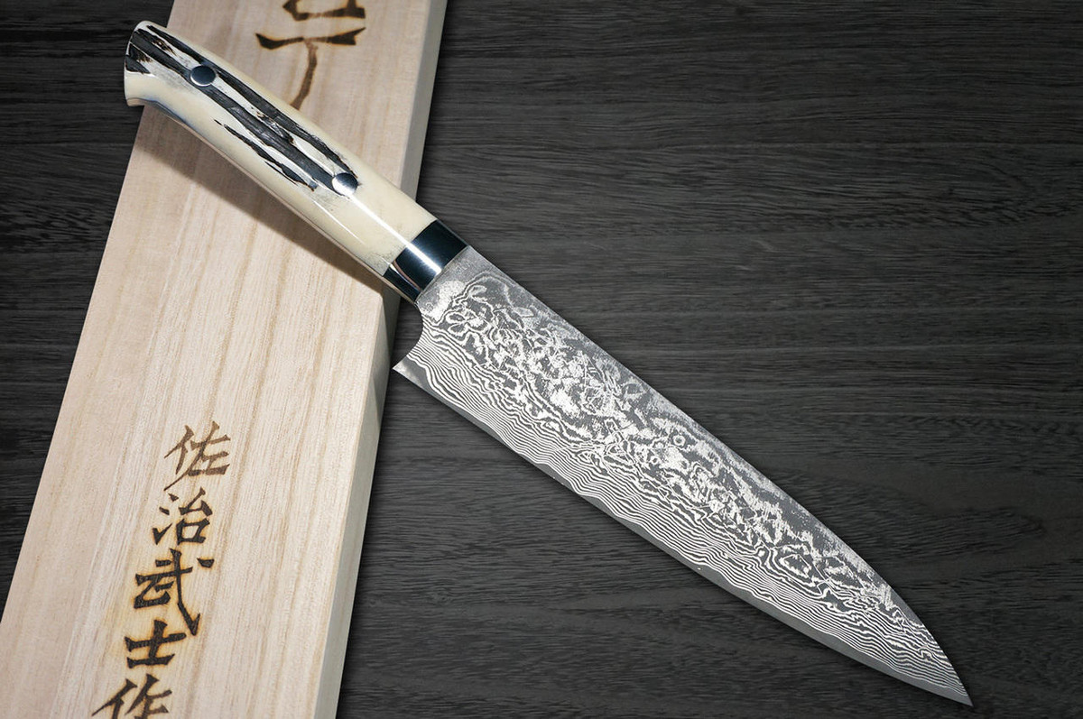 Takeshi Saji R2SG2 Black Damascus DHW Japanese Chefs Gyuto Knife 180mm with White Antler Handle