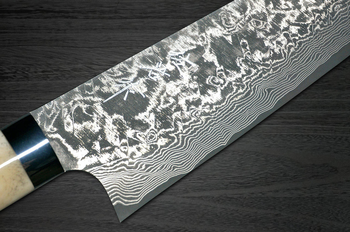 Takeshi Saji R2SG2 Black Damascus DHW Japanese Chefs Gyuto Knife 180mm with White Antler Handle