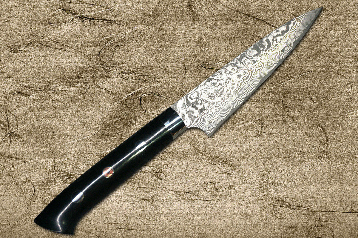 Takeshi Saji R2SG2 Black Damascus MCB Japanese Chefs Petty KnifeUtility 150mm with Black Micarta Handle