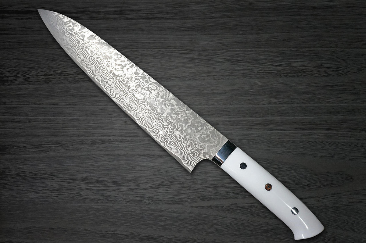 Takeshi Saji R2SG2 Black Damascus CRW Japanese Chefs Gyuto Knife 270mm with White Stone Handle