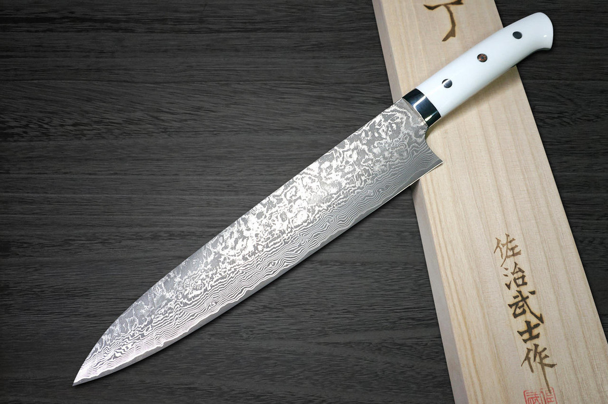 Takeshi Saji R2SG2 Black Damascus CRW Japanese Chefs Gyuto Knife 270mm with White Stone Handle