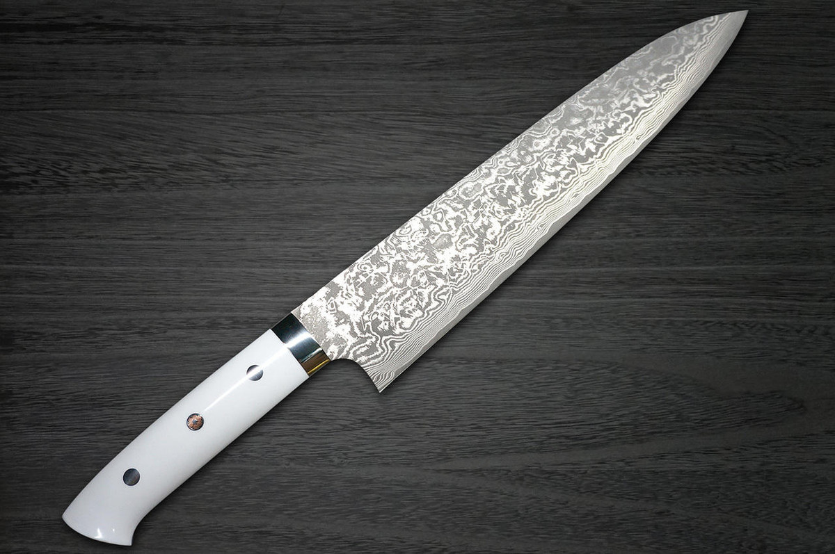 Takeshi Saji R2SG2 Black Damascus CRW Japanese Chefs Gyuto Knife 270mm with White Stone Handle