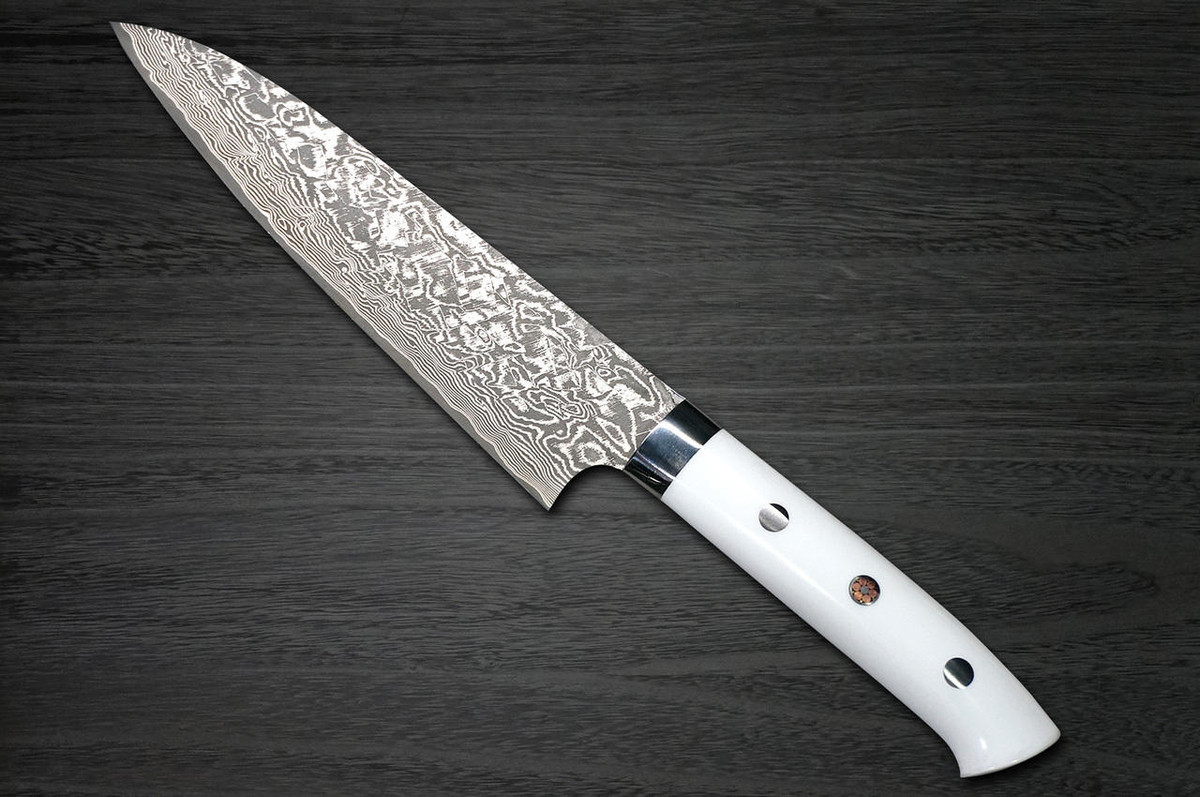 Takeshi Saji R2SG2 Black Damascus CRW Japanese Chefs Gyuto Knife 180mm with White Stone Handle