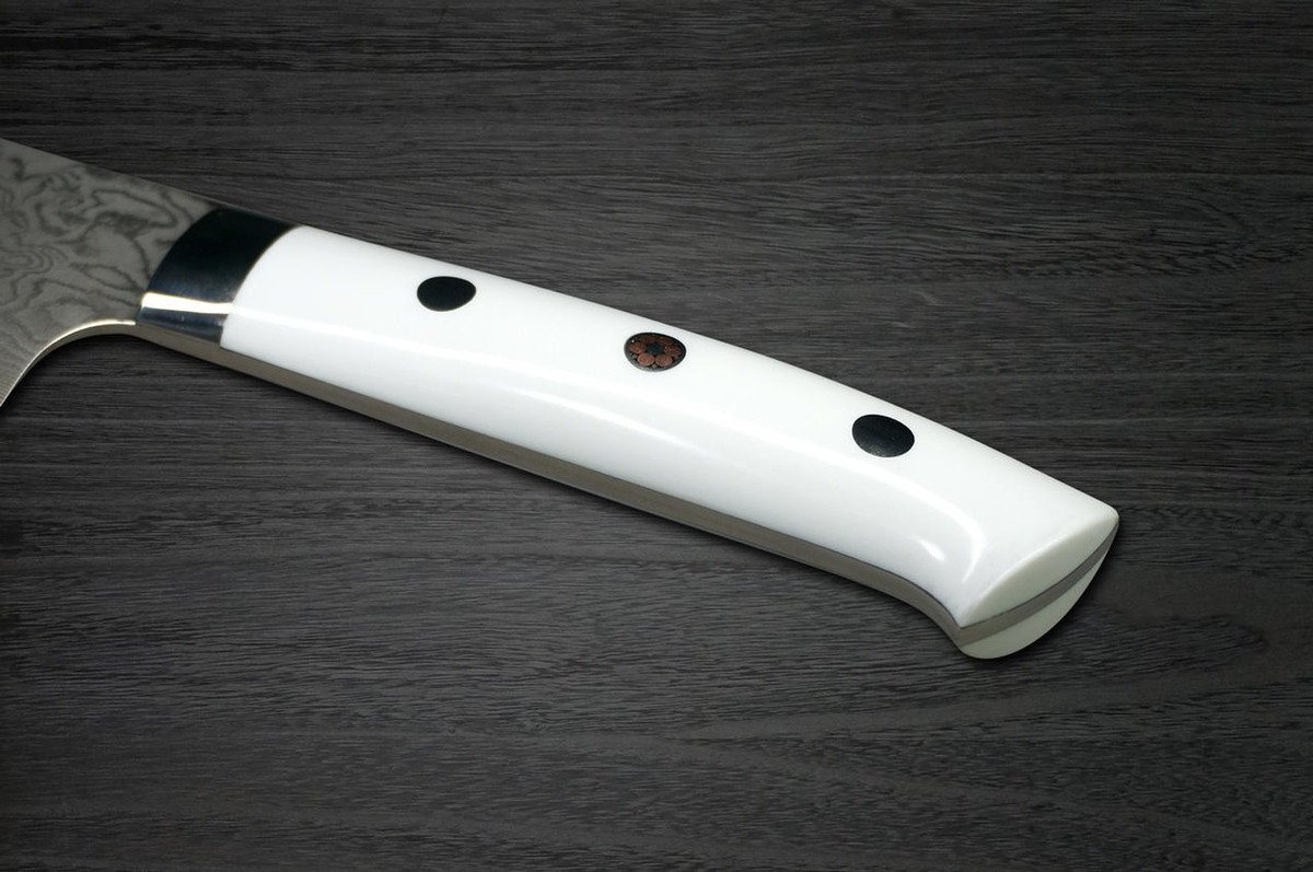 Takeshi Saji R2SG2 Black Damascus CRW Japanese Chefs Gyuto Knife 180mm with White Stone Handle