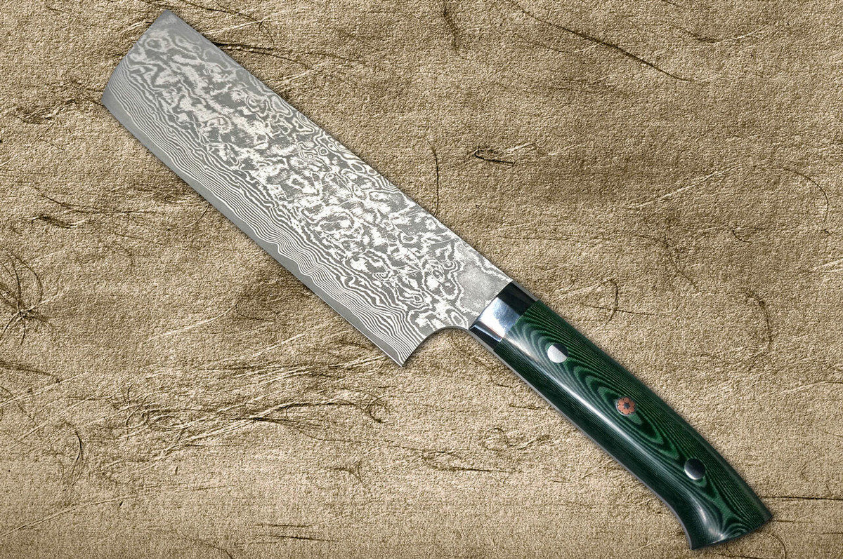 Takeshi Saji R2SG2 Black Damascus MCF Japanese Chefs NakiriVegetable 170mm with Dark-Green Micarta Handle