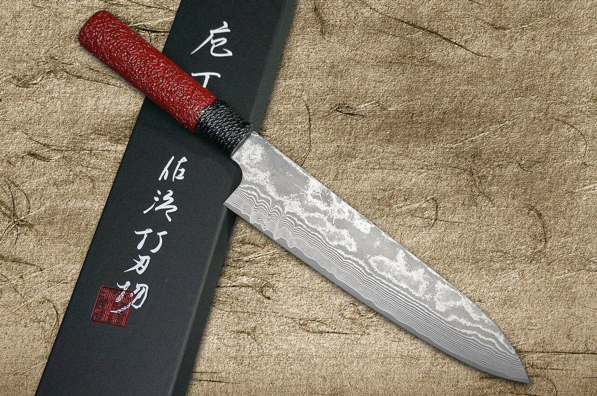 Takeshi Saji VG10 Black Damascus LL Japanese Chefs Gyuto Knife 210mm with Black-Red Japanese Urushi Lacquered Handle