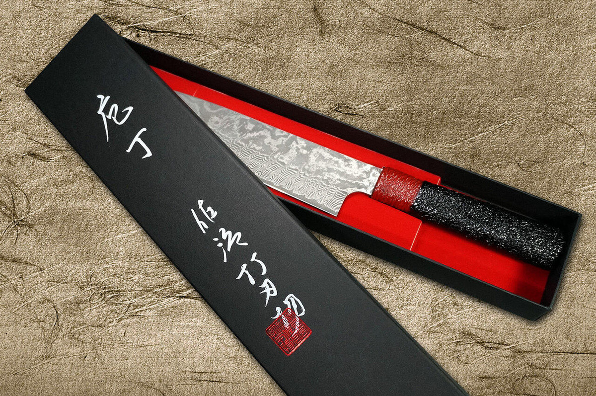 Takeshi Saji VG10 Black Damascus LL Japanese Chefs Gyuto Knife 210mm with Red-Black Japanese Urushi Lacquered Handle