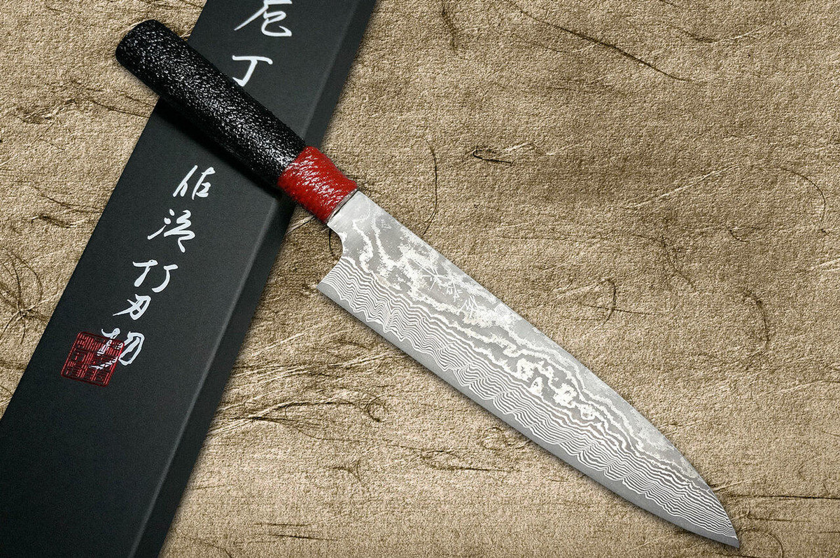 Takeshi Saji VG10 Black Damascus LL Japanese Chefs Gyuto Knife 210mm with Red-Black Japanese Urushi Lacquered Handle