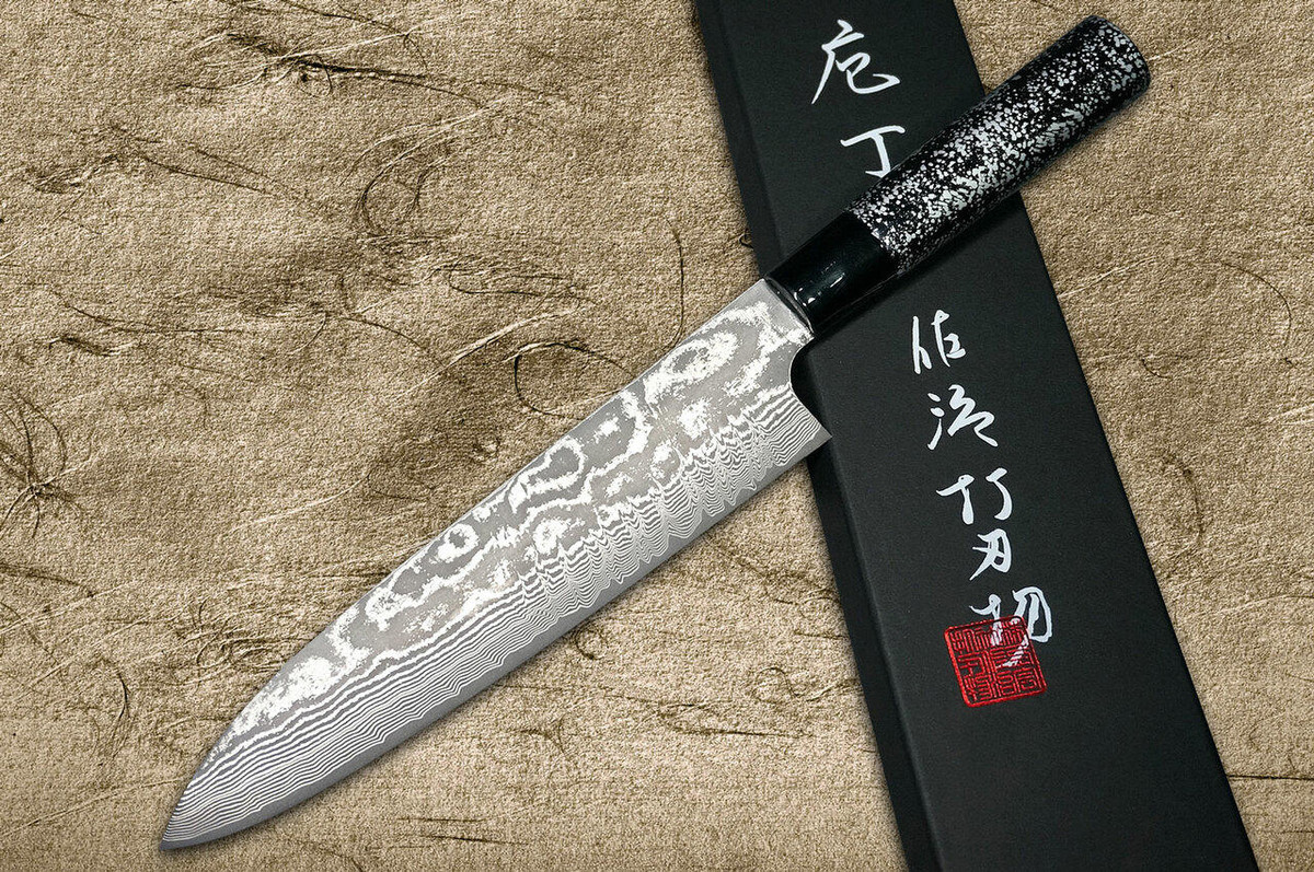 Takeshi Saji VG10 Black Damascus LC Japanese Chefs Gyuto Knife 210mm with Black-Silver Japanese Urushi Lacquered Handle