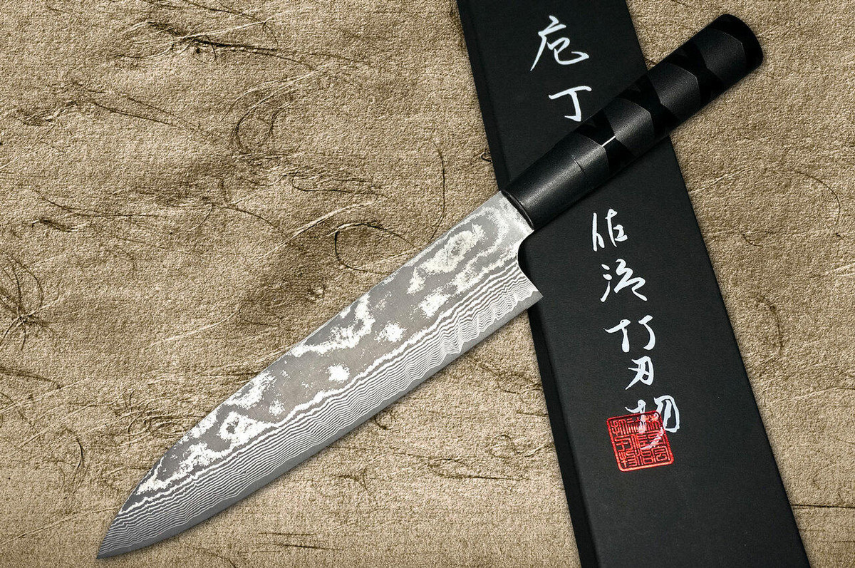 Takeshi Saji VG10 Black Damascus CS Japanese Chefs Gyuto Knife 210mm with Black-Black Urushi Lacquered HandleX-Obi