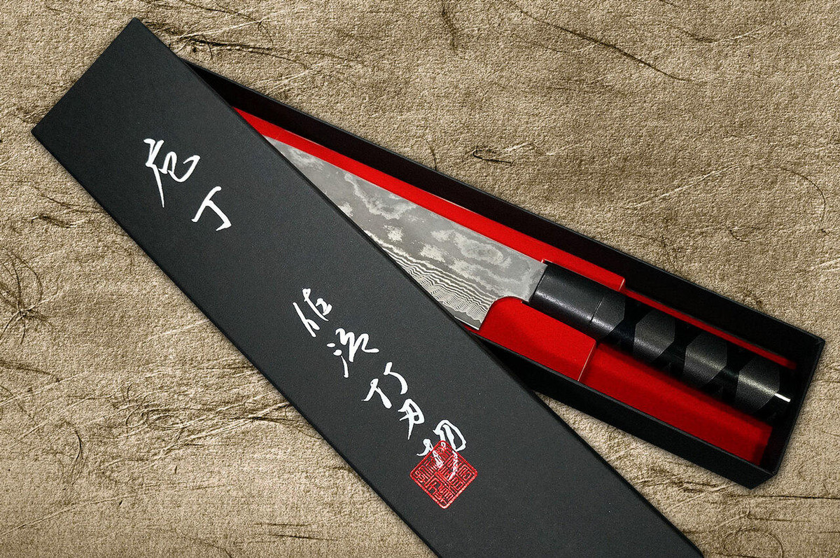 Takeshi Saji VG10 Black Damascus CS Japanese Chefs Gyuto Knife 210mm with Black-Black Urushi Lacquered HandleX-Obi