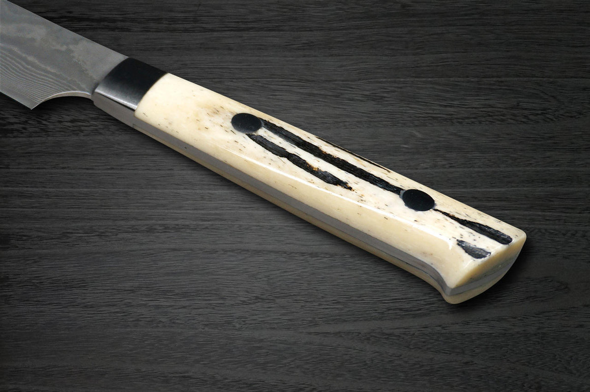 Takeshi Saji VG10 Black Damascus DHW Japanese Chefs Petty KnifeUtility 130mm with White Antler Handle