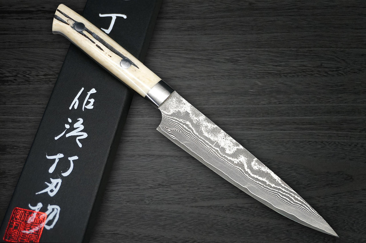 Takeshi Saji VG10 Black Damascus DHW Japanese Chefs Petty KnifeUtility 130mm with White Antler Handle