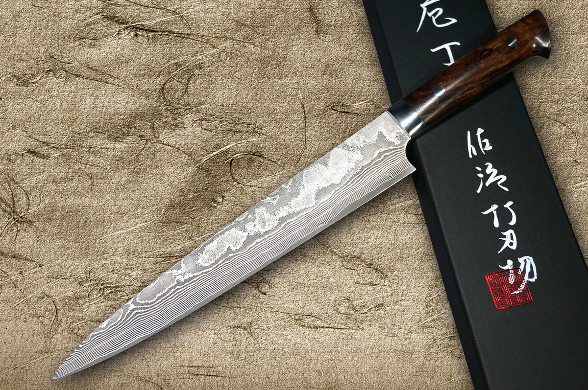 Takeshi Saji VG10 Black Damascus IR Japanese Chefs SlicerSujihiki 240mm with Desert Ironwood Handle