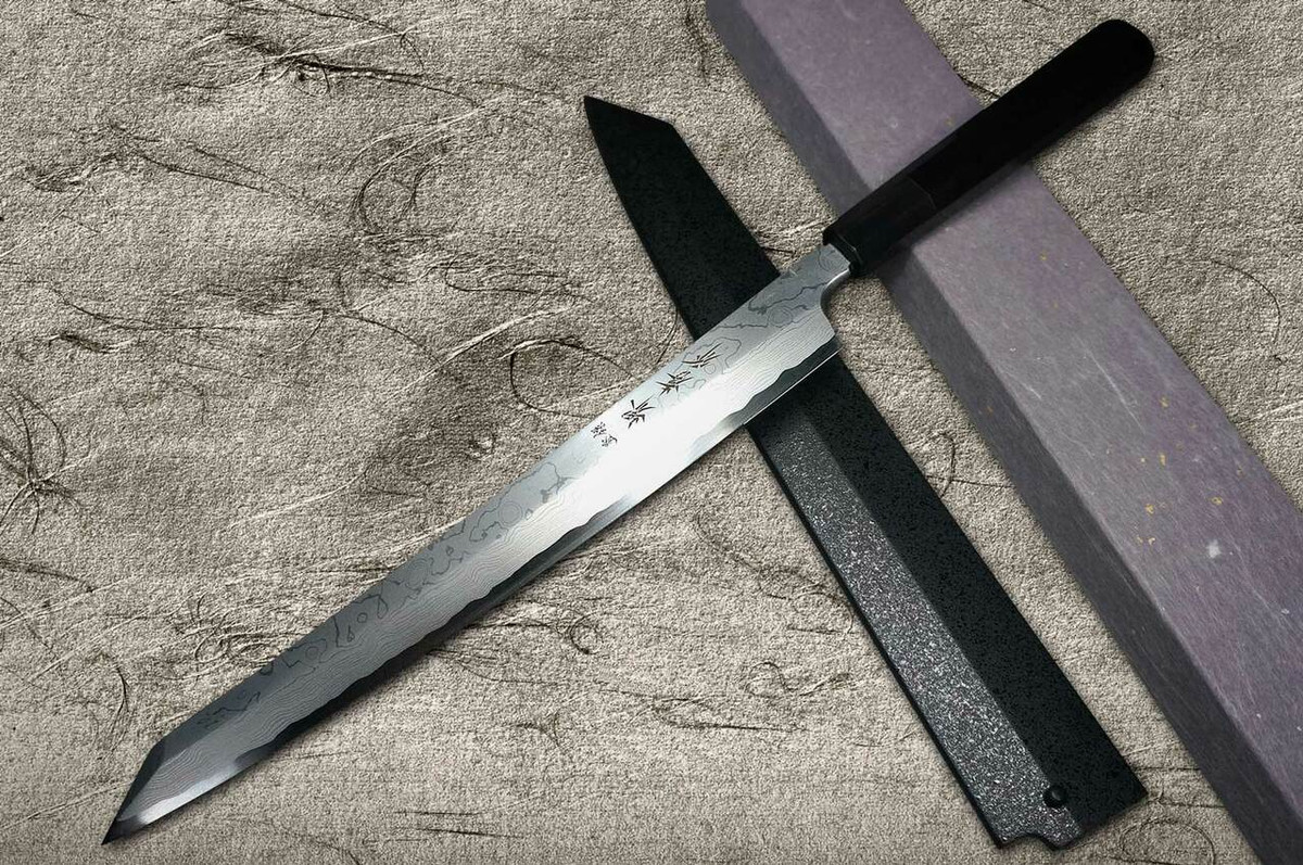 Left Handed Sakai Takayuki Seiryu Damascus Aogami 2 steel Japanese Chefs Kengata-YanagibaSashimi 270mm with Saya Sheath