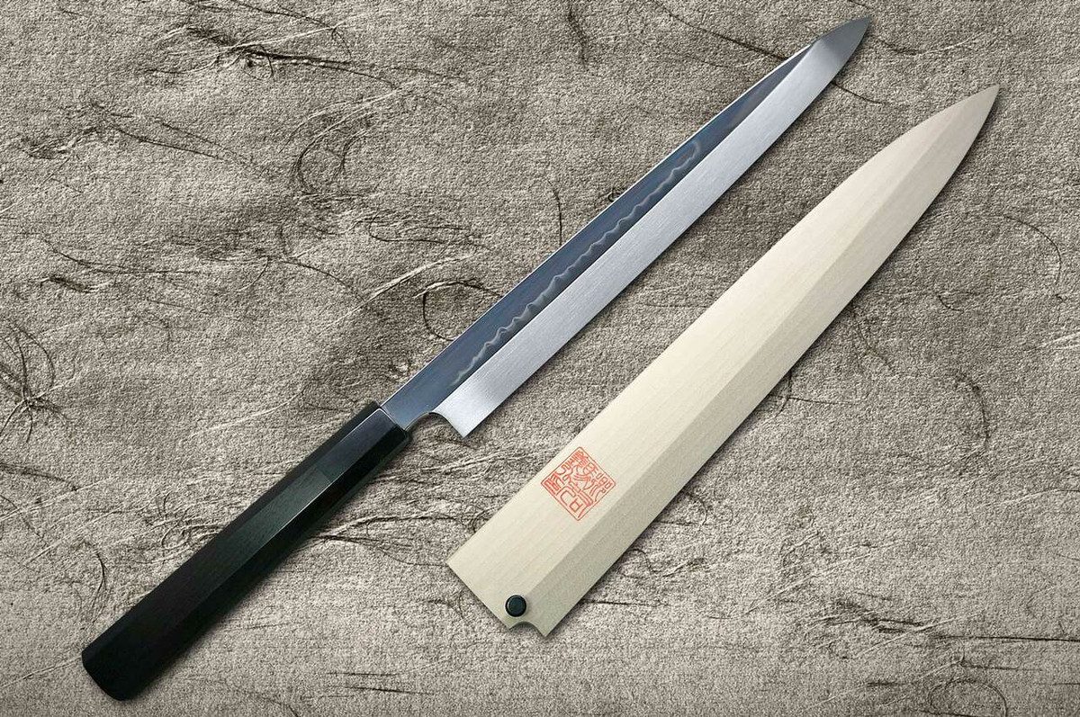 Yoshihiro White No.2 Honyaki Wave-Art AWHY Water-Quenched Japanese Chefs YanagibaSashimi 300mm with Saya Sheath and Ebony Handle