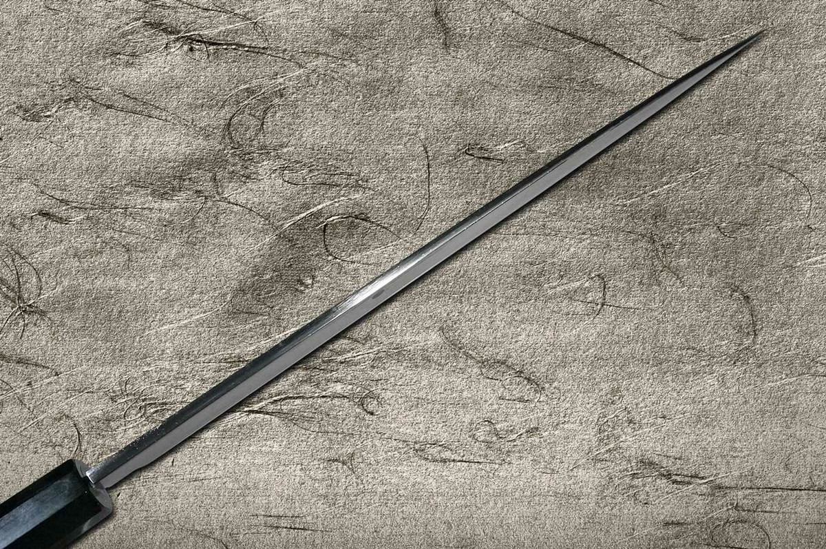 Sakai Takayuki Mirrored Honyaki Water-Quenched Fuji-on-Wave Yanagiba and Saya SET 300mm with Ebony Handle