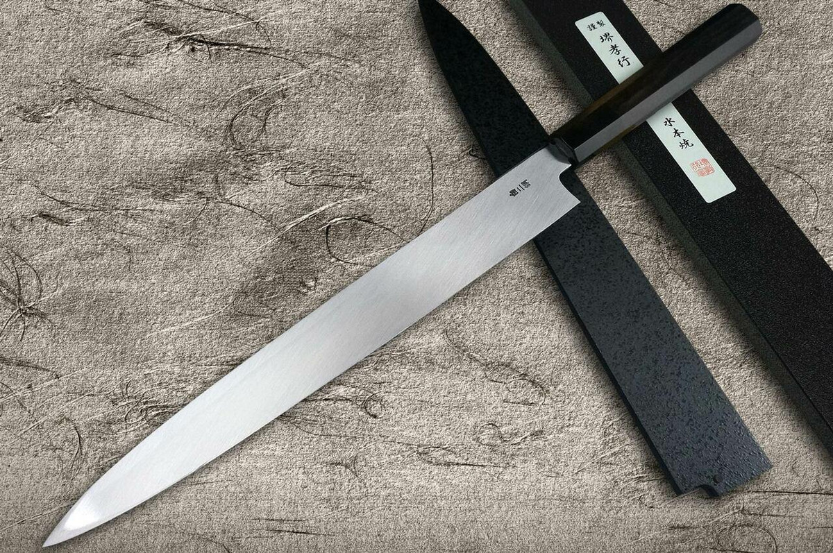 Sakai Takayuki Mirrored Honyaki Water-Quenched Fuji-on-Wave Yanagiba and Saya SET 300mm with Ebony Handle