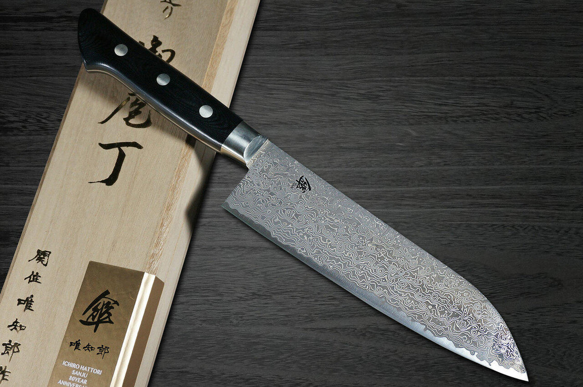 Hattori KD30 COWRY-X 121 Layered Damascus SAN Japanese Chefs Santoku Knife 180mm 80year-anniv version