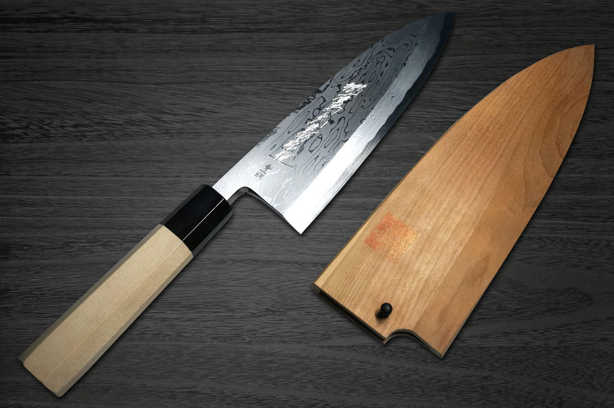 Yoshihiro Aogami No.1 Damascus Suminagashi B1SN Japanese Chefs Deba Knife 165mm with Saya Sheath and Magnolia Wood Handle