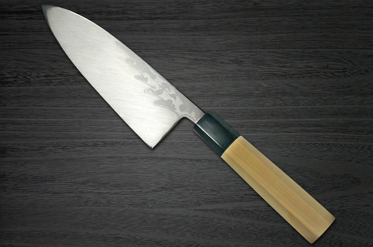 Yoshihiro Aogami No.1 Damascus Suminagashi B1SN Japanese Chefs Deba Knife 165mm with Saya Sheath and Magnolia Wood Handle