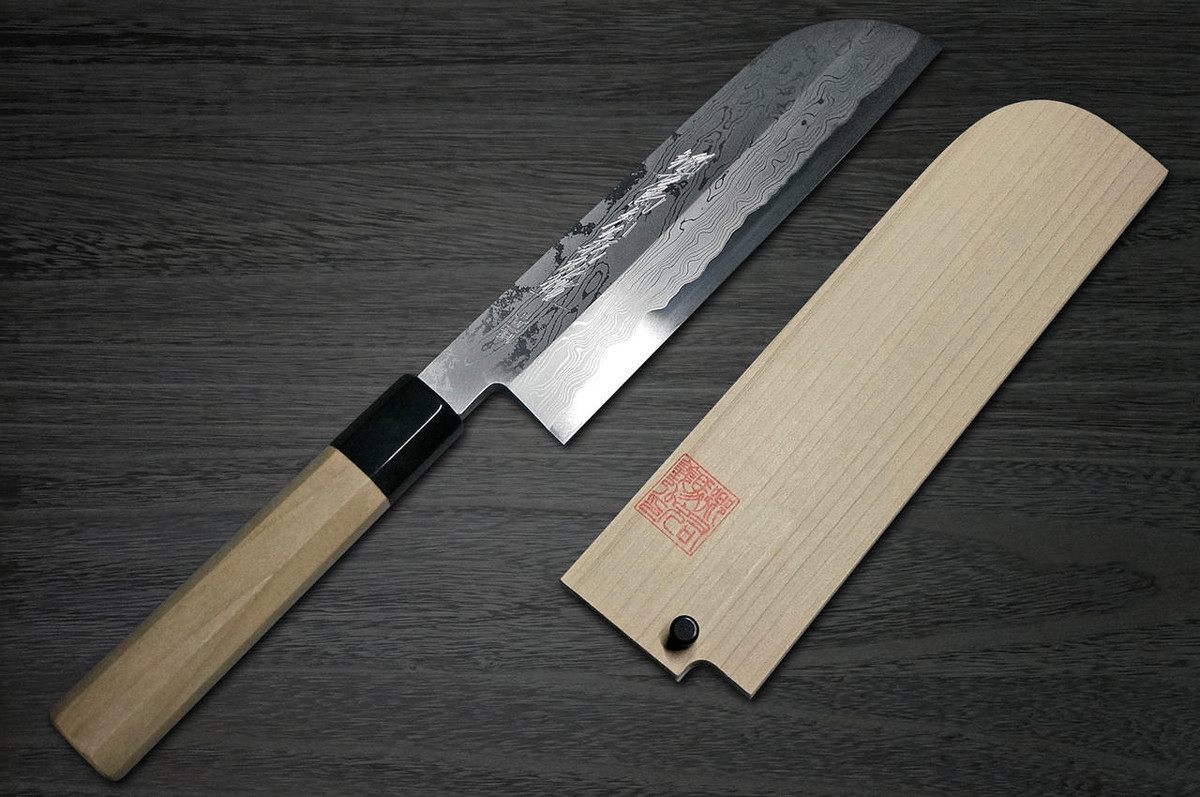 Yoshihiro Aogami No.1 Damascus Suminagashi B1SN Japanese Chefs Kamagata-UsubaVegetable 210mm with Saya Sheath and Magnolia Wood Handle