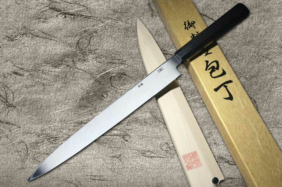 Yoshihiro Gingami No.3 Damascus Suminagashi G3SN-E Japanese Chefs YanagibaSashimi 270mm with Saya Sheath and Ebony Handle