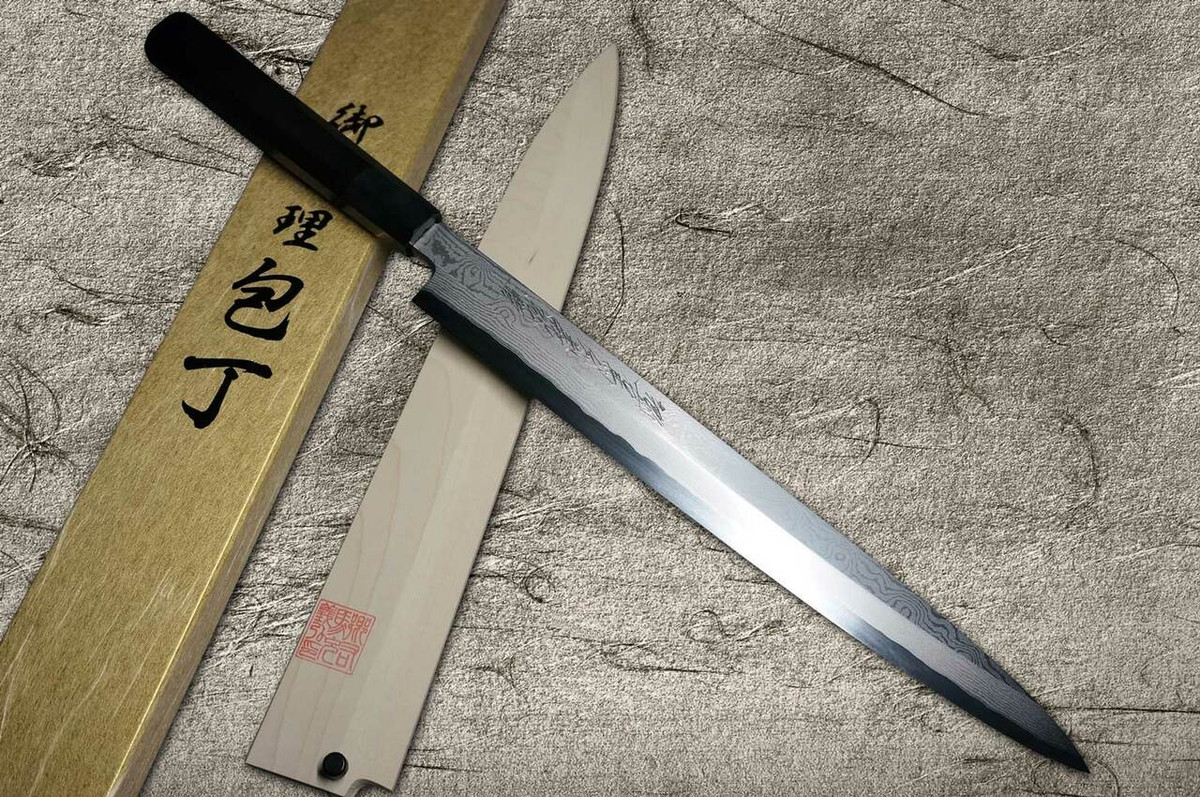 Yoshihiro Gingami No.3 Damascus Suminagashi G3SN-E Japanese Chefs YanagibaSashimi 330mm with Saya Sheath and Ebony Handle