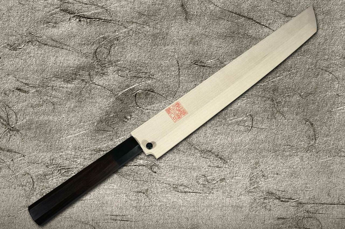 Yoshihiro Gingami No.3 Damascus Suminagashi G3SN-E Japanese Chefs Sakimaru-TakohikiSashimi 330mm with Saya Sheath and Ebony Handle