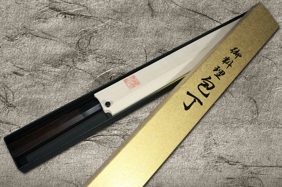 Yoshihiro Gingami No.3 Damascus Suminagashi G3SN-E Japanese Chefs Sakimaru-TakohikiSashimi 330mm with Saya Sheath and Ebony Handle